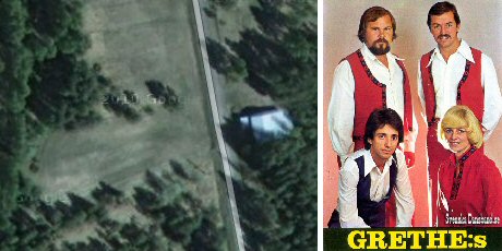 Googlebild över Åkerbäck och vykort på Grethe:s orkester